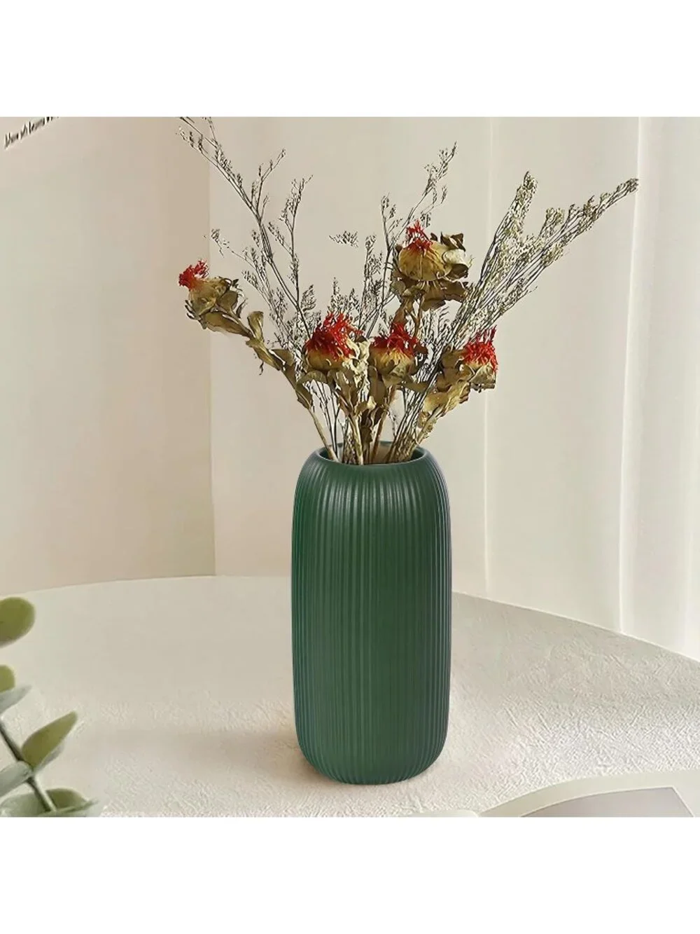 Modern Small Green Ceramic Vase Flowers Ribbed Textured Farmhouse Home Livings
